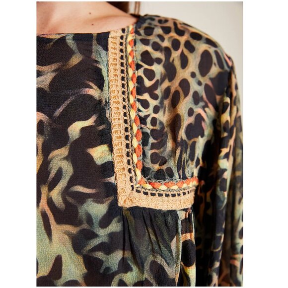 Anthropologie Blank London Joelle Leopard Peasant Blouse L large green gold - Picture 3 of 10